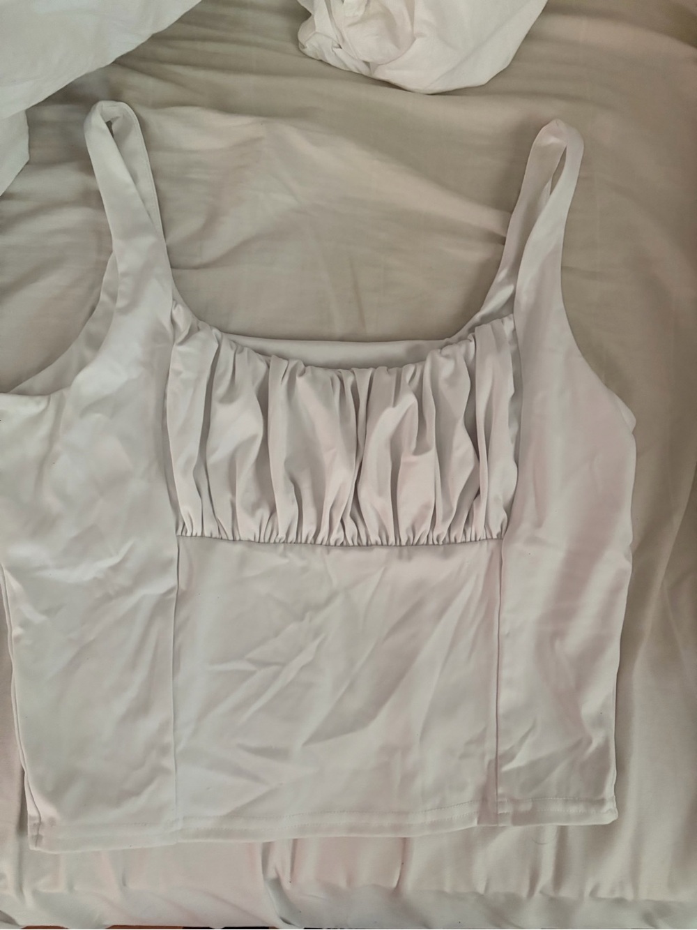 White Ruched Square-Neck Tank Top with Wide Straps